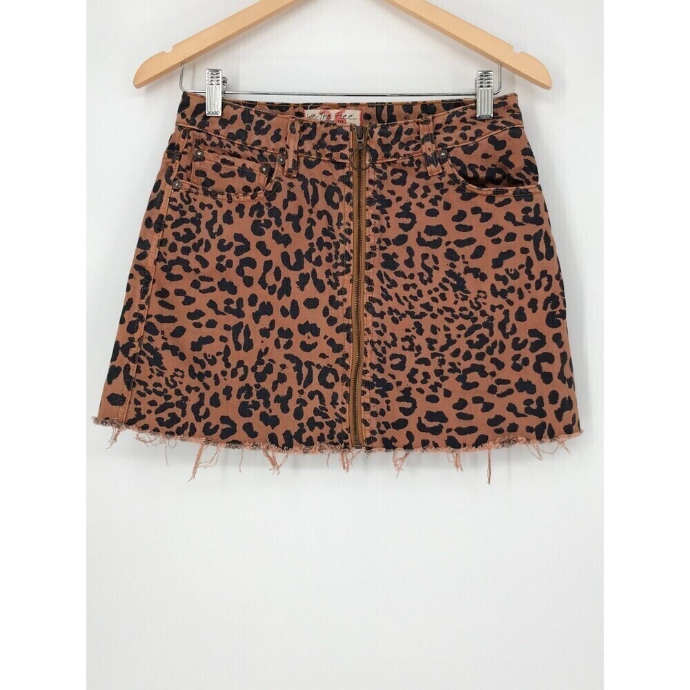 We The Free Free People Leopard Print Zip Front Denim Mini Skirt Tan Black 26 - Picture 3 of 10